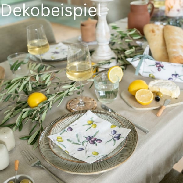 Mediterranes Dekobeispiel mit den Servietten Olivenzweige, 33 x 33 cm.