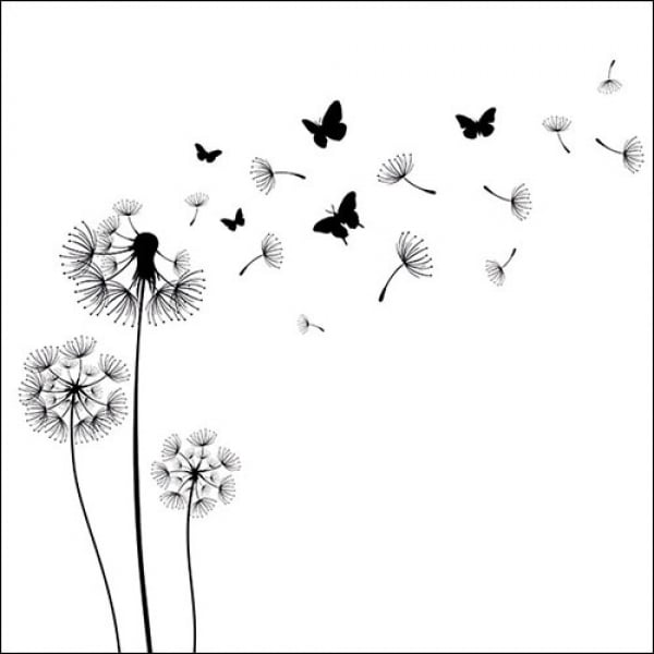 20er Pack Servietten Pusteblume, Schmetterlinge in Schwarz/Weiß, 33 x 33 cm.