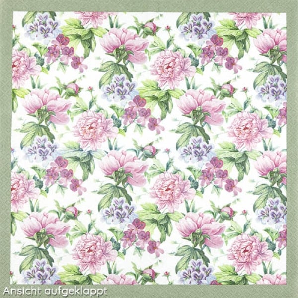 20er Pack Servietten Romantische Blumenpoesie, 33 x 33 cm, Ansicht aufgeklappt.