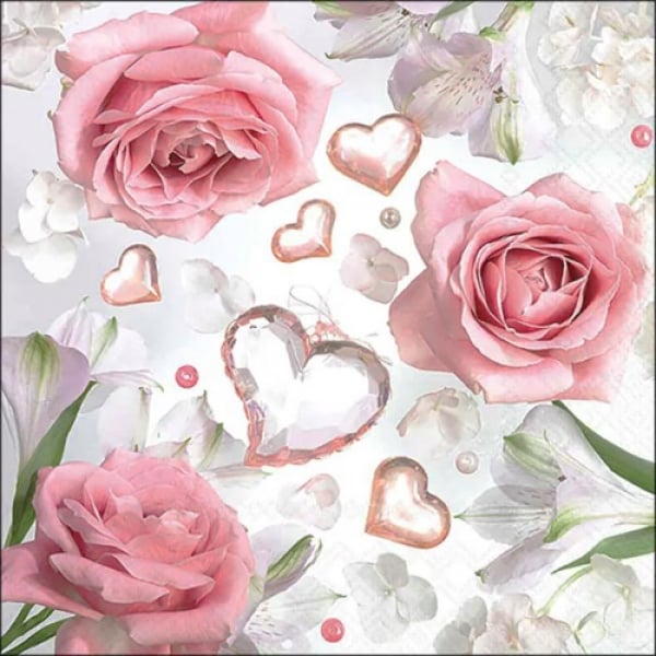 20er Pack Servietten Hochzeit, Rosen & Herzen in Altrosa/Rosa, 33 x 33 cm.
