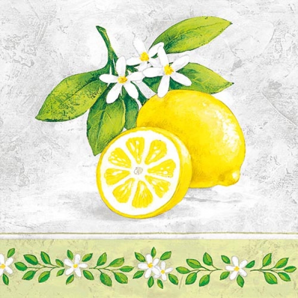 20er Pack Servietten Zitronen mit Blütenzweig, 33 x 33 cm.
