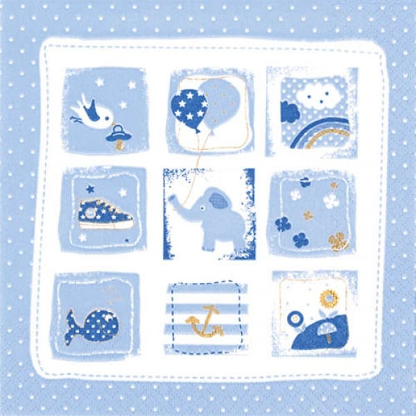 20er Pack Servietten Taufe, Babymotive in Blau, 33 x 33 cm.