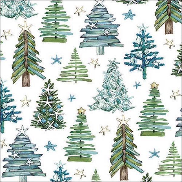 20er Pack Servietten Weihnachtsbäume in Weiß/Grün, 33 x 33 cm.