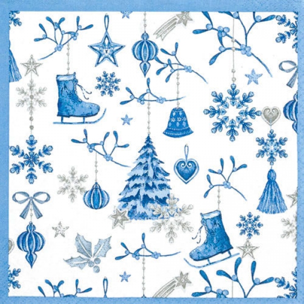 20er Pack Servietten Weihnachten, Winter Stimmung in Blau/Weiß, 33 x 33 cm.