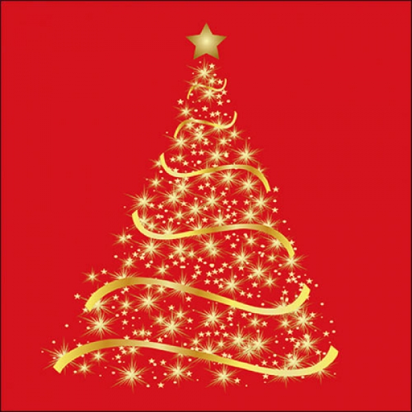 20er Pack Servietten Weihnachten, Strahlender Tannenbaum in Gold/Rot, 33 x 33 cm.