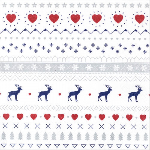 20er Pack Servietten Wintermuster in Dunkelblau/Rot, 33 x 33 cm.