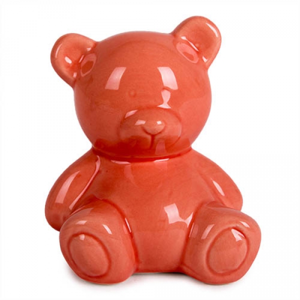 Kleine Keramik Spardose in Form eines Teddybären in der Farbe apricot.