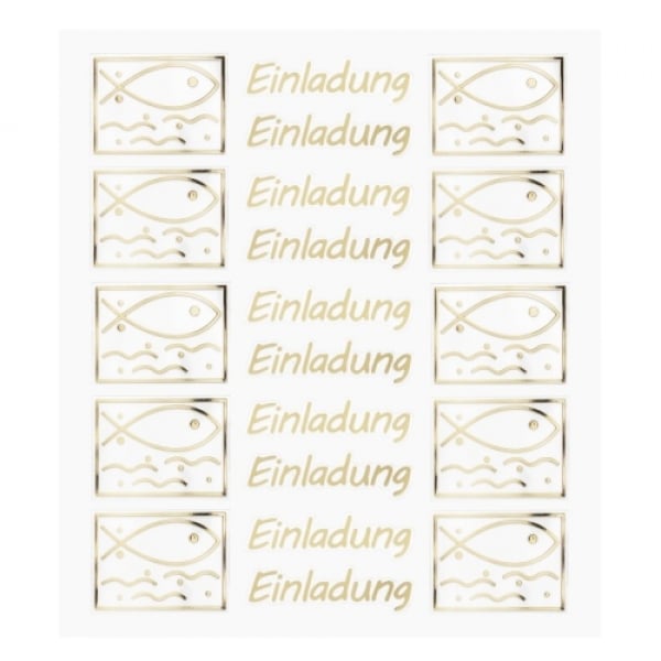 Klebe Sticker Fischmotiv -Einladung- in Gold.