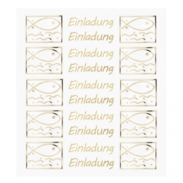 Klebe Sticker Fischmotiv -Einladung- in Gold.