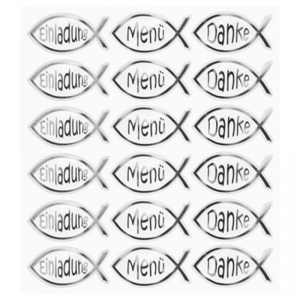 Klebe Sticker Fisch, Einladung, Menü, Danke in Silber.