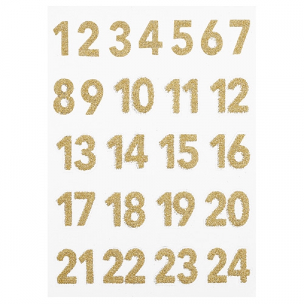 Klebe Sticker Glitzer Adventskalender Zahlen in Gold.