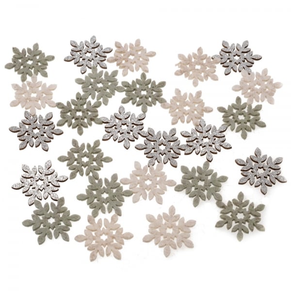 24 Holz/Filz Streudeko Winter Eiskristalle, Schneeflocken, Pistachio Green Mix, 40 mm.