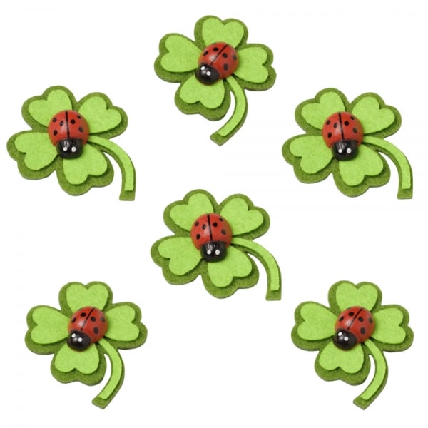 6 Filz Streudeko Kleeblätter mit Marienkäfer, 35 mm.