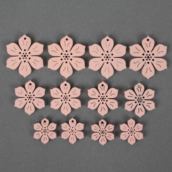 12 Streudeko Holz Blumen in Rosa, 29 - 49 mm.