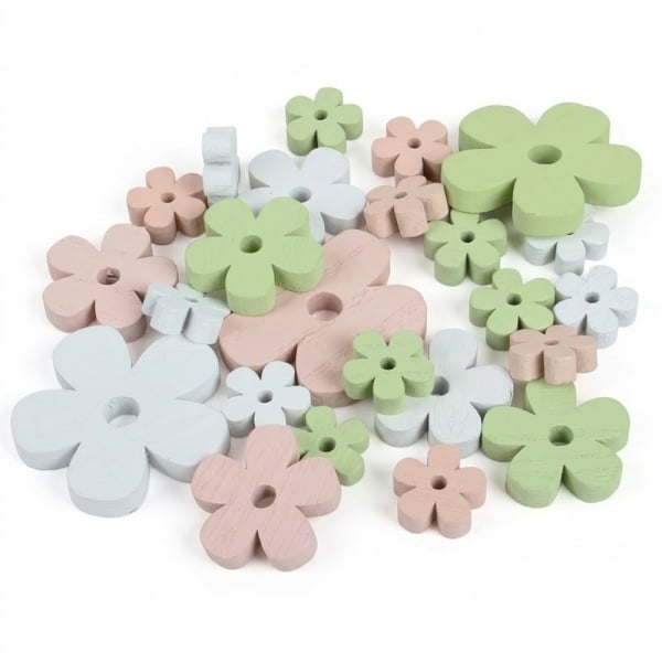 24 Holz Blumen in Weiß/Rosa/Hellgrün, 25 - 60 mm.