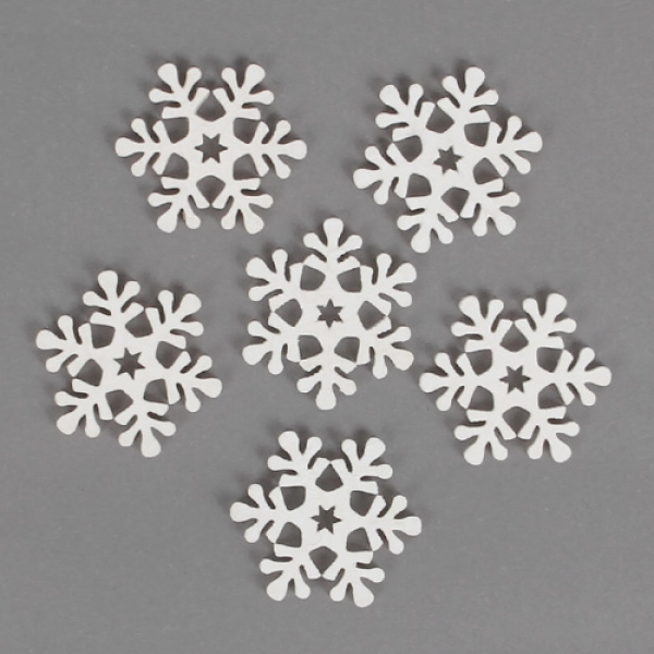 6 Holz Streudeko Winter Eiskristalle, Schneeflocken in Weiß, 40 mm.