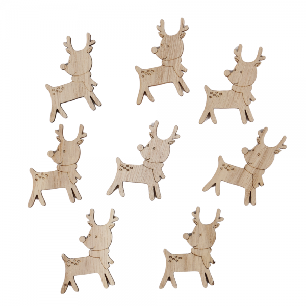 8 Holz Streuteile Rentier Rudolph mit Schal, 58 mm.