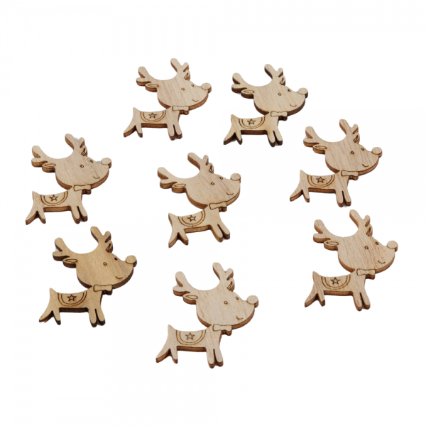 8 Holz Streuteile Rentier Rudolph mit Fliege, 48 mm.