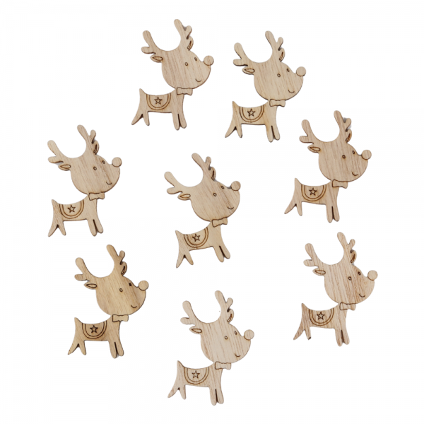 8 Holz Streuteile Rentier Rudolph mit Fliege, 48 mm.