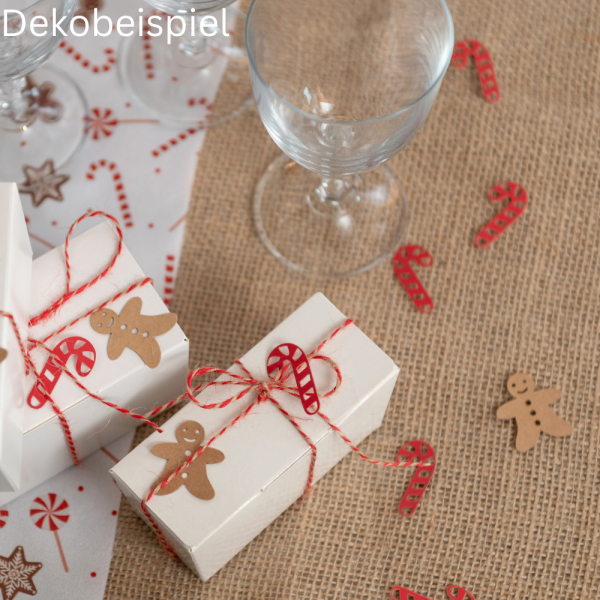 Dekobeispiel  mit den 50 Papier Streuteile Weihnachten, Zuckerstange, Lebkuchenmann, in Rot/Braun.