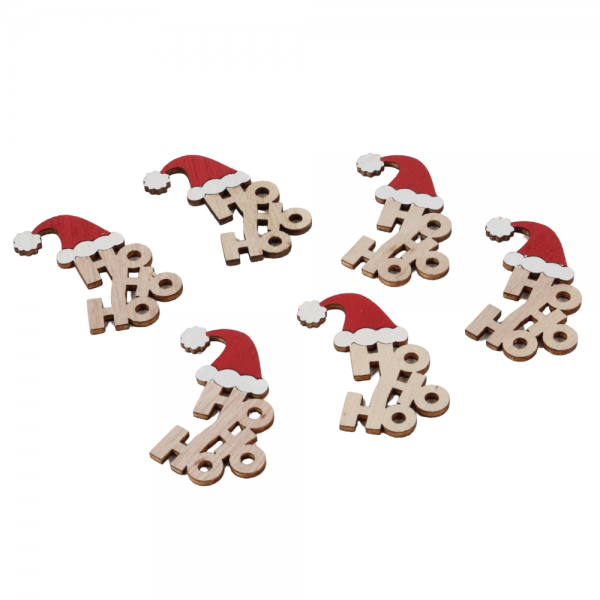 6 Holz Streudeko Weihnachten -HoHoHo- in Rot/Hellbraun, 55 mm.