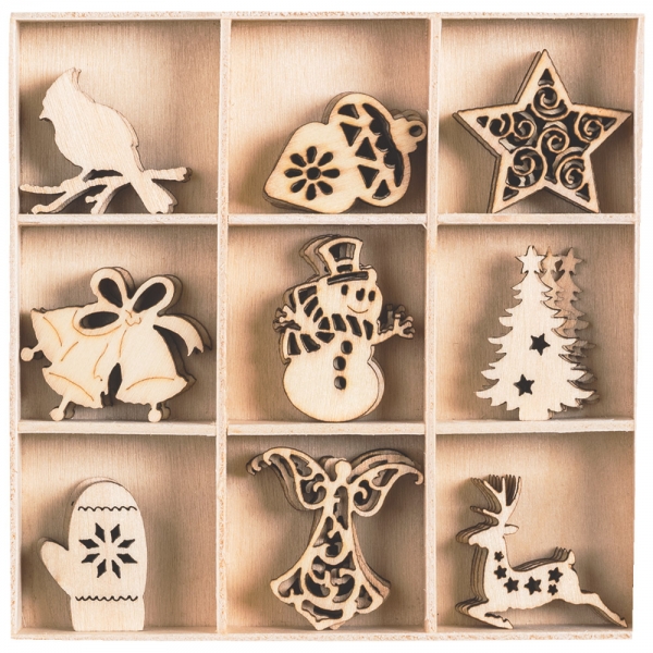 45 Holz Streuteile Weihnachts-Mix, natur, 25 - 30 mm.