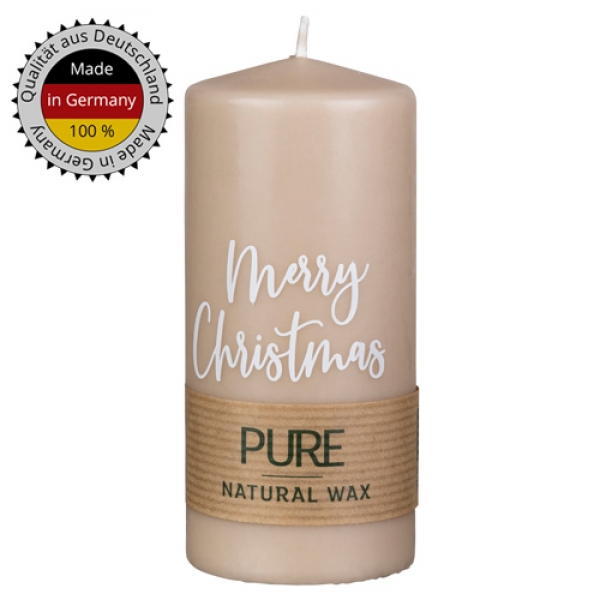 Stumpenkerze Pure, Eco, Merry Christmas, Weihnachten in Taupe, 130 x 60 mm.