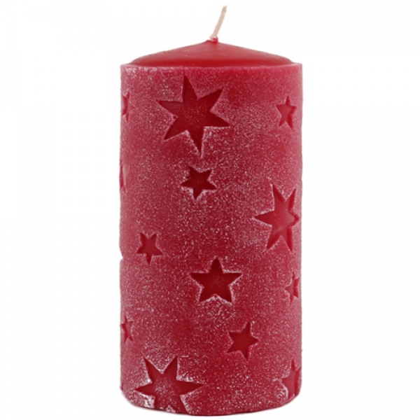 Große Stumpenkerze Mila, Sterne, Weihnachten in Rot, 150 x 75 mm.
