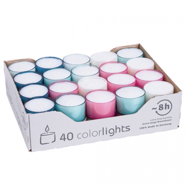 40er Pack Teelichter in Pastellfarben, halbtransparente Hülle, 8 h Brenndauer.