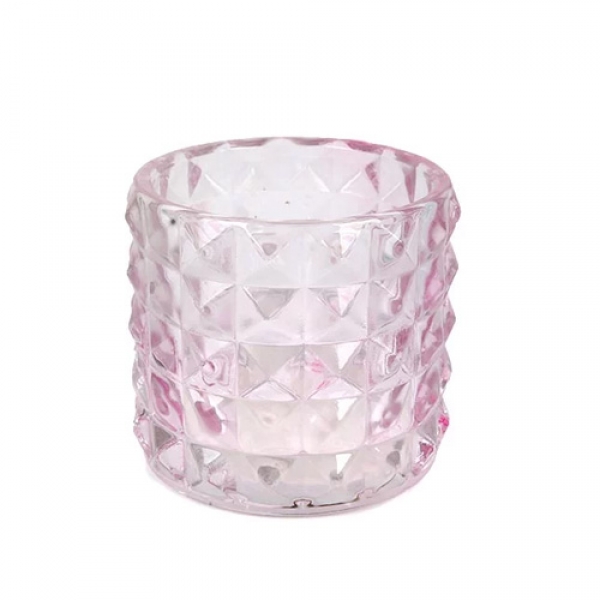 Kleines Kerzenglas, Teelichtglas Kristall, Diamant in Rosa, 67 mm.