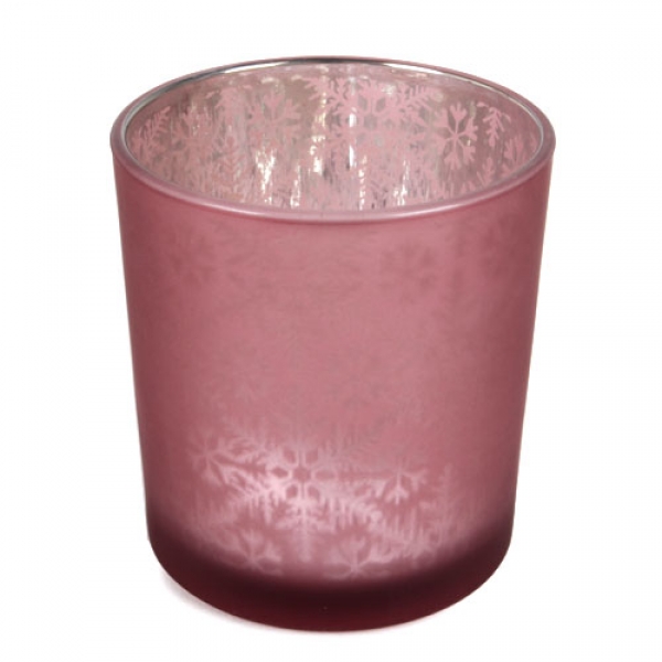 Teelichtglas Eiskristalle, Schneeflocken in Altrosa verspiegelt, 80 mm.