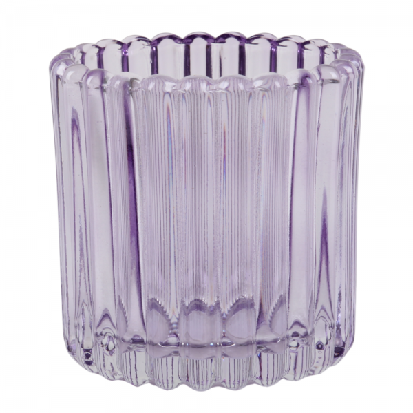 Teelichtglas, Windlicht mit Rillenstruktur in Flieder, 75 mm.