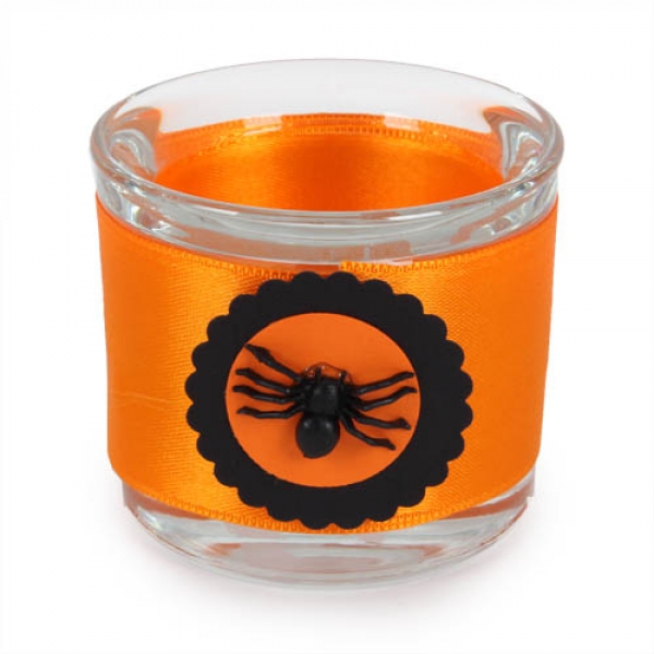 Teelichtglas Halloween, Spinne in Orange/Schwarz, 65 mm.