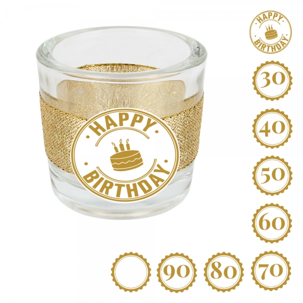 Teelichtglas Geburtstag, Glitzerband in Gold mit auswählbarer Jahreszahl oder Schriftzug Happy Birthday, 65 mm.