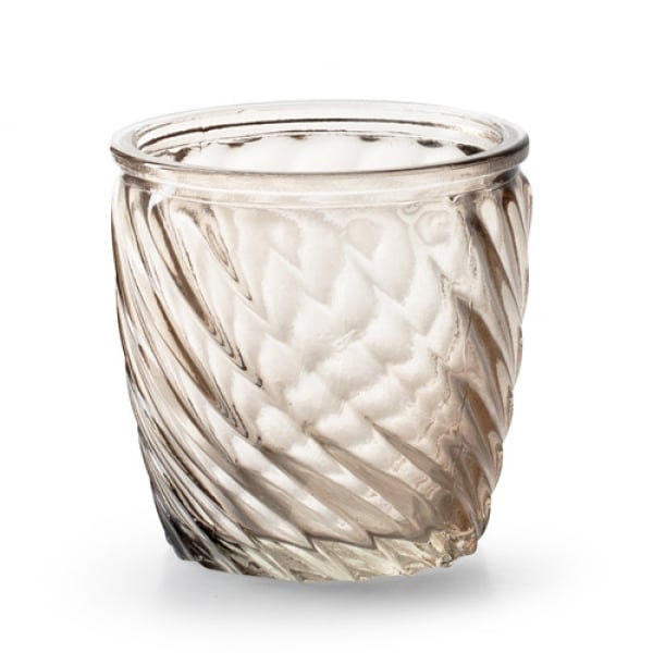 Teelichtglas, konisch mit Streifen in Helltaupe, 74 mm.