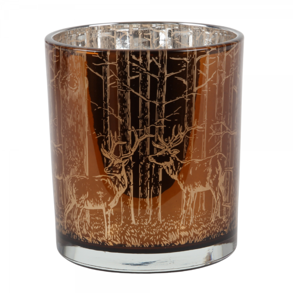 Teelichtglas Hirsche im Wald in Braun, innen silber verspiegelt, 80 mm.