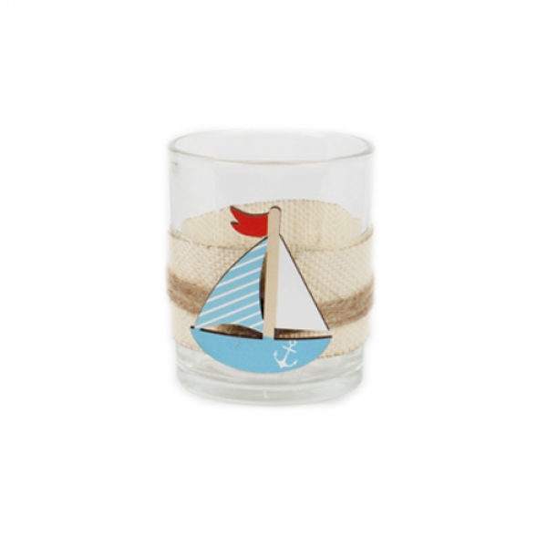 Teelichtglas Maritim, Segelschiff in Hellblau, 75 mm