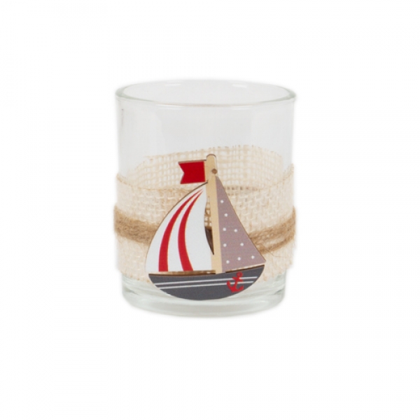 Teelichtglas Maritim, Segelschiff in Rot, 75 mm