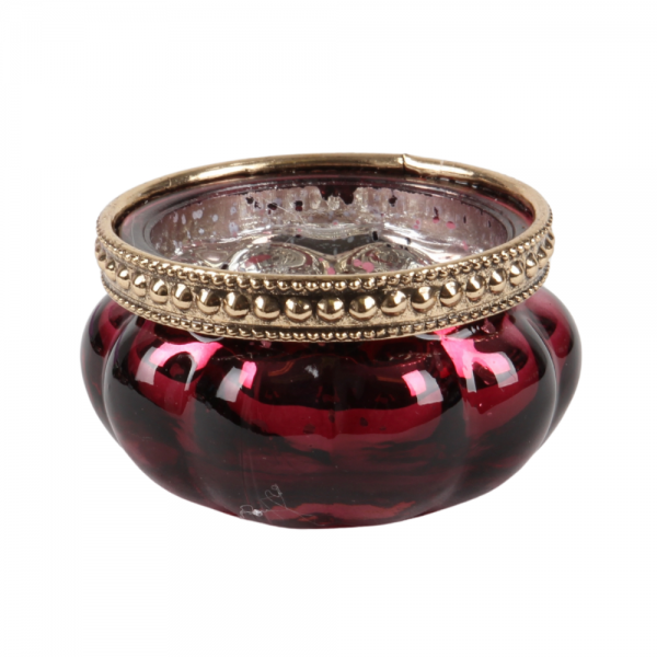 Teelichtglas Vintage in Beere verspiegelt mit Metallrand in Antik-Gold, 60 mm.