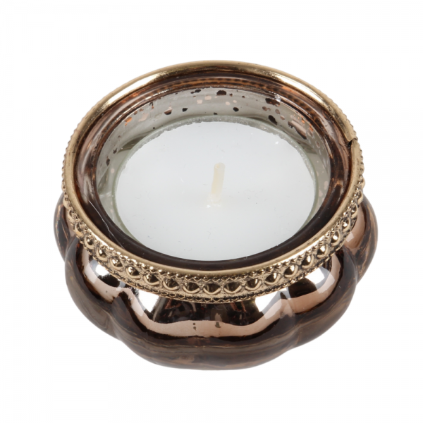 Teelichtglas Vintage mit Metallrand in Bronze/Gold, verspiegelt, 60 mm. Foto mit Teelicht.