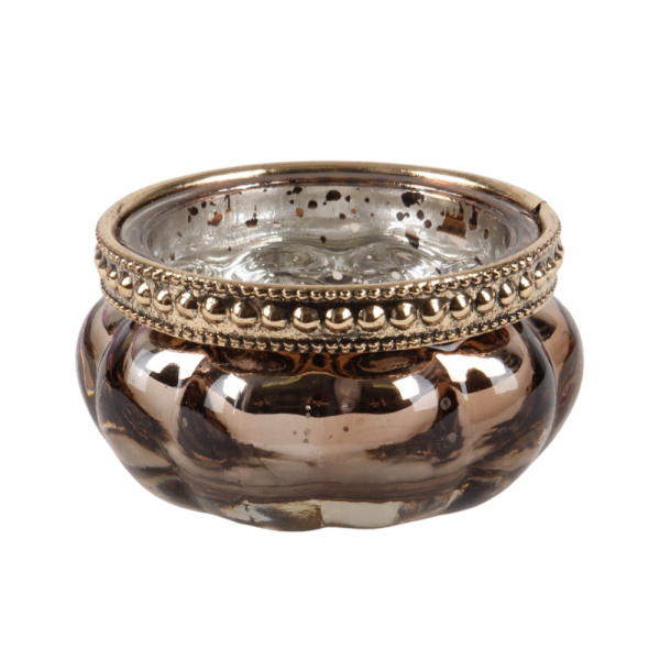 Teelichtglas Vintage mit Metallrand in Bronze/Gold, verspiegelt, 60 mm.