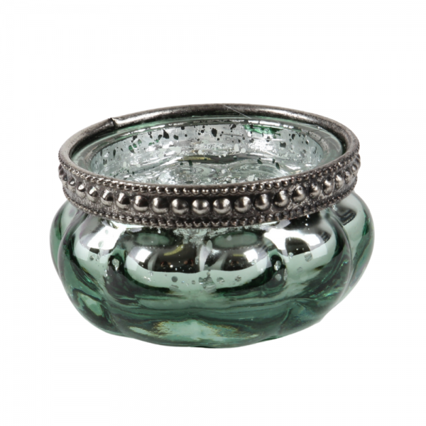 Teelichtglas Vintage mit Metallrand in Grün/Silber verspiegelt, 60 mm.