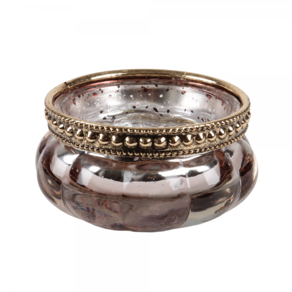 Teelichtglas Vintage mit Metallrand in Antik-Rosa schimmernd/Gold, verspiegelt, 60 mm.