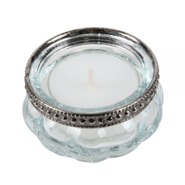 Teelichtglas Vintage klar mit Metallrand in Antik-Silber, 60 mm. Foto mit Teelicht.