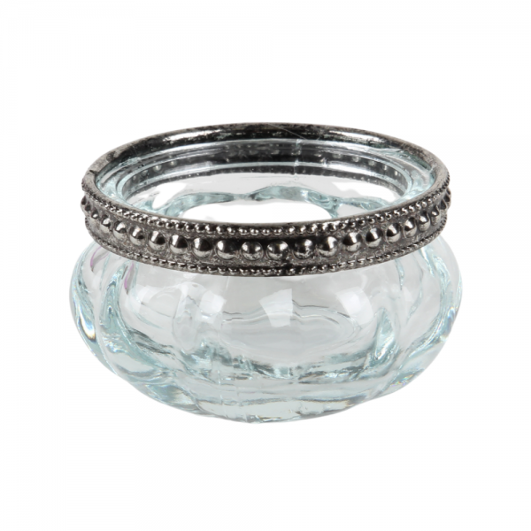 Teelichtglas Vintage klar mit Metallrand in Antik-Silber, 60 mm.
