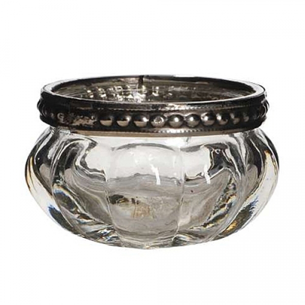 Teelichtglas Vintage klar mit Metallrand in Antik-Silber, 60 mm.