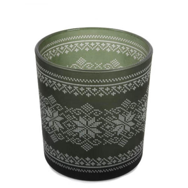 Teelichtglas Winter, Weihnachten mit Norweger Muster Dunkelgrün, 80 mm.