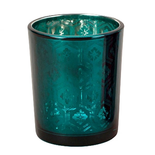 Teelichtglas Ornamente in Smaragdgrün verspiegelt, 67 mm.