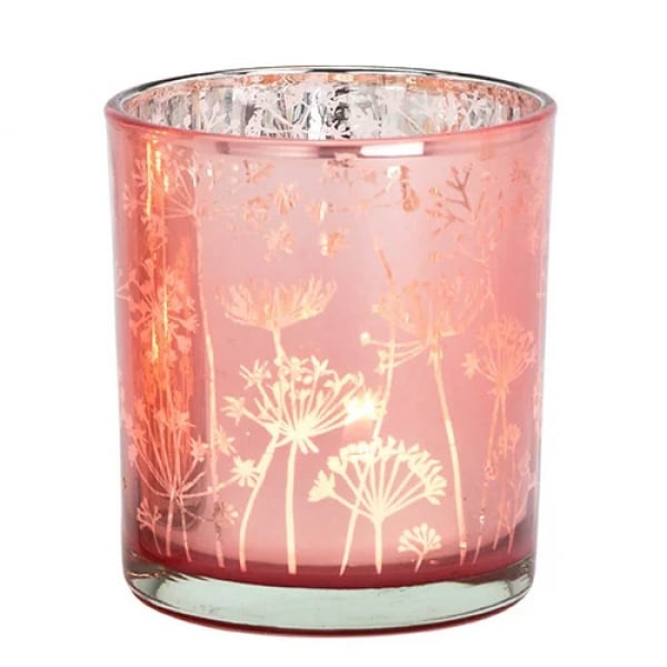 Teelichtglas Pusteblume in Rosa/Silber verspiegelt, 80 mm.