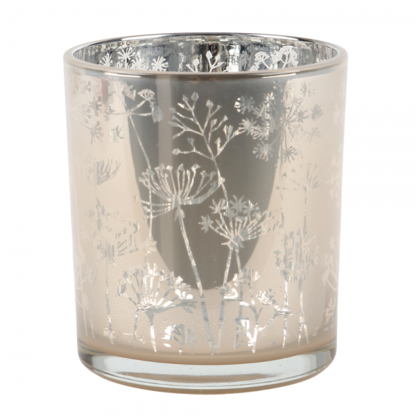 Teelichtglas Pusteblume in Perlmutt/Silber verspiegelt, 80 mm.